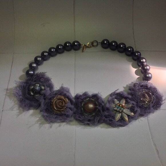 lenora dame Necklace Chunky Floral Mixed Elements Plum Statement Boho - Picture 12 of 15